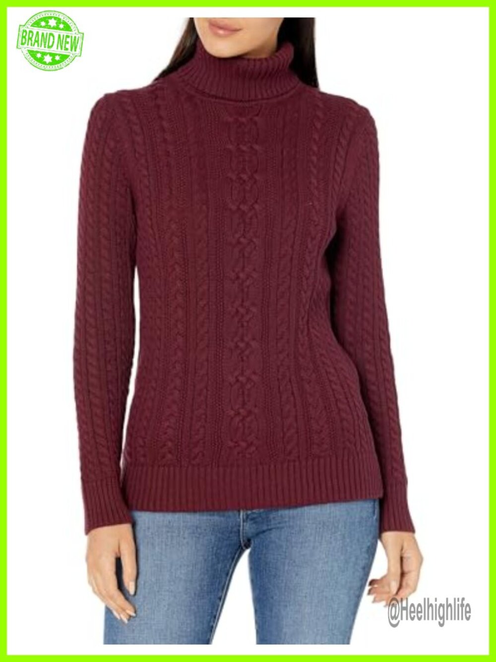 Women's Long Sleeve Fisherman Cable Knit Turtleneck Cotton Sweater